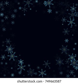 Falling blue christmas snow on black. Vector New Year snowflake abstract background. Glitter confetti. Snowflakes decoration effect. Winter holiday print. Snowfall texture for poster, banner, card.