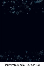 Falling blue christmas snow on black. Vector New Year snowflake abstract background. Glitter confetti. Snowflakes decoration effect. Winter holiday print. Snowfall texture for poster, banner, card.