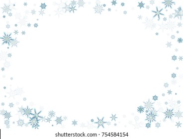 Falling blue christmas snow on white. Vector New Year snowflake abstract background. Gllitter confetti. Snowflakes decoration effect. Winter holiday print. Snowfall texture for poster, banner, card.