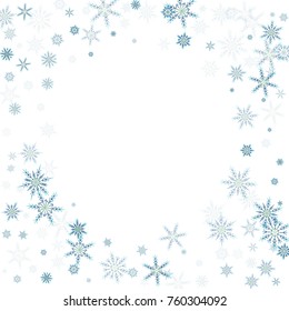 Falling blue christmas snow on white. Vector New Year snowflake abstract background. Gllitter confetti. Snowflakes decoration effect. Winter holiday print. Snowfall texture for poster, banner, card.
