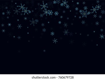 Falling blue christmas snow on black. Vector New Year snowflake abstract background. Glitter confetti. Snowflakes decoration effect. Winter holiday print. Snowfall texture for poster, banner, card.