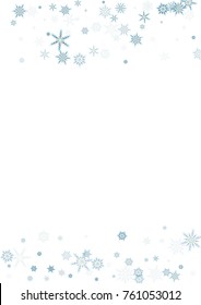 Falling blue christmas snow on white. Vector New Year snowflake abstract background. Gllitter confetti. Snowflakes decoration effect. Winter holiday print. Snowfall texture for poster, banner, card.