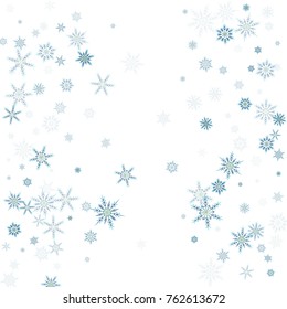 Falling blue christmas snow on white. Vector New Year snowflake abstract background. Gllitter confetti. Snowflakes decoration effect. Winter holiday print. Snowfall texture for poster, banner, card.