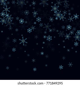 Falling blue christmas snow on black. Vector New Year snowflake abstract background. Glitter confetti. Snowflakes decoration effect. Winter holiday print. Snowfall texture for poster, banner, card.