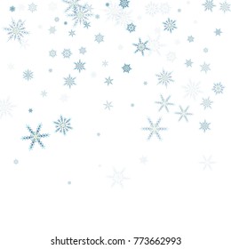 Falling blue christmas snow on white. Vector New Year snowflake abstract background. Gllitter confetti. Snowflakes decoration effect. Winter holiday print. Snowfall texture for poster, banner, card.