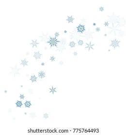 Falling blue christmas snow on white. Vector New Year snowflake abstract background. Gllitter confetti. Snowflakes decoration effect. Winter holiday print. Snowfall texture for poster, banner, card.