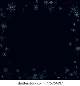 Falling blue christmas snow on black. Vector New Year snowflake abstract background. Glitter confetti. Snowflakes decoration effect. Winter holiday print. Snowfall texture for poster, banner, card.