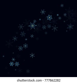 Falling blue christmas snow on black. Vector New Year snowflake abstract background. Glitter confetti. Snowflakes decoration effect. Winter holiday print. Snowfall texture for poster, banner, card.