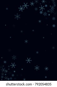 Falling blue christmas snow on black. Vector New Year snowflake abstract background. Glitter confetti. Snowflakes decoration effect. Winter holiday print. Snowfall texture for poster, banner, card.