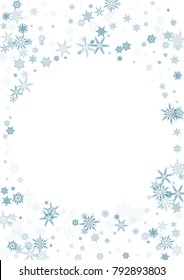 Falling blue christmas snow on white. Vector New Year snowflake abstract background. Gllitter confetti. Snowflakes decoration effect. Winter holiday print. Snowfall texture for poster, banner, card.