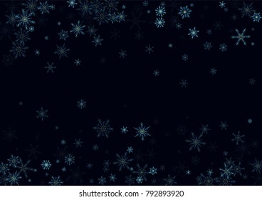 Falling blue christmas snow on black. Vector New Year snowflake abstract background. Glitter confetti. Snowflakes decoration effect. Winter holiday print. Snowfall texture for poster, banner, card.