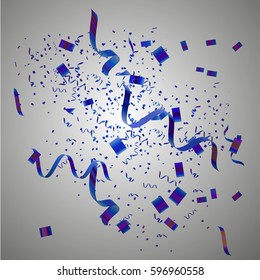 Falling blue confetti isolated on grey background. Celebration party holiday decoration to birthday, effect of glitter confetti illustration.Vector eps10