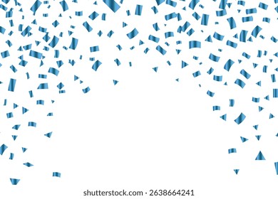 falling blue confetti overlay on white background, sparkling effect overlay for event designs, celebration or holiday atmosphere with glowing glitter, festive background for parties