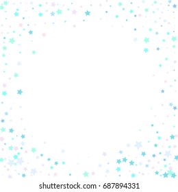 Falling Blue Confetti stars. Scatter corner frame on white background made of blue falling confetti stars. Vector illustration.