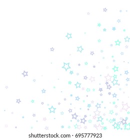 Falling Blue Confetti stars. Scatter corner frame on white background made of blue falling confetti stars. Vector illustration.