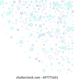 Falling Blue Confetti stars. Scatter corner frame on white background made of blue falling confetti stars. Vector illustration.