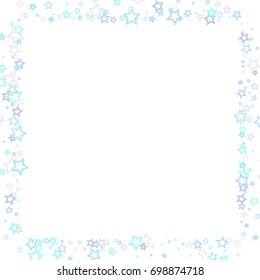 Falling Blue Confetti stars. Scatter frame on white background made of blue falling confetti stars. Vector illustration.
