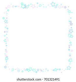 Falling Blue Confetti stars. Scatter frame on white background made of blue falling confetti stars. Vector illustration.