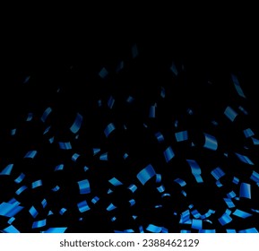 Cayendo la cinta de papel azul cortada que explota el confeti en el fondo negro con espacio para texto. Elemento de diseño. Ilustración vectorial.