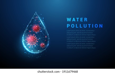 Falling blue drop of water with red virus inside. Low poly style design. Abstract geometric background. Wireframe light connection structure. Modern 3d graphic concept. Isolated vector illustration.