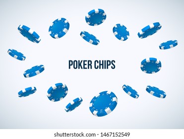 Falling blue poker chips on light background. Vector illustration.