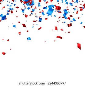 Falling blue and red cut out foil ribbon confetti background with space for text. Design element for web, cards, flyers, invitations. Vector illustration.