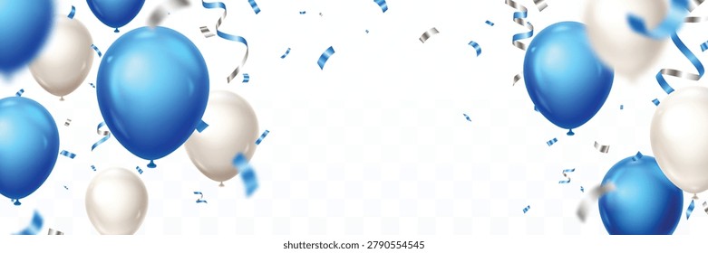 Falling blue and silver balloons, confetti and ribbons birthday celebration banner template background