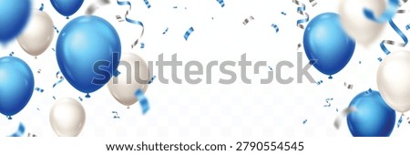 Falling blue and silver balloons, confetti and ribbons birthday celebration banner template background