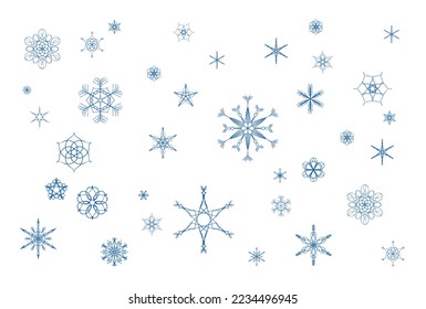 Falling blue snowflakes Christmas  background, winter snow in cold frosty vector design. Fancy intricate and detailed abstract snowflakes.