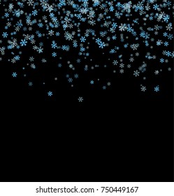 Falling blue snowflakes on black background. Merry Christmas and Happy New Year pattern. Vector illustration.
