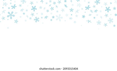 Falling blue snowflakes on a white background with place for text. Vector illustration.