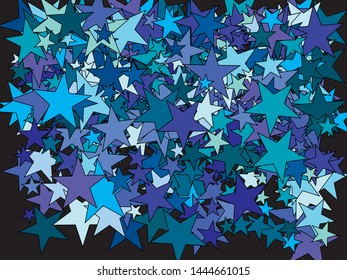 Falling blue stars. Decorative glitter design's elements. Vector illustration theme. Blue festive, luxury, bright, chaotic confetti background on black.