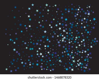 Falling blue stars. Decorative glitter design's elements. Vector illustration surprise. Blue festive, luxury, bright, chaotic confetti background on black.