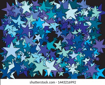 Falling blue stars. Unusual glitter design's elements. Vector illustration concept. Blue festive, luxury, bright, chaotic confetti background on black.