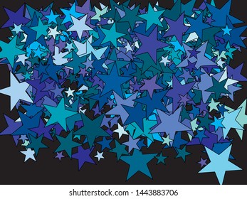 Falling blue stars. Vector illustration layout. Random glitter design's elements. Blue festive, luxury, bright, chaotic confetti background on black.