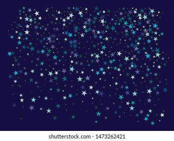 Falling blue stars. Vector illustration poster. Unusual glitter design's elements. Blue festive, luxury, bright, chaotic confetti background on black.