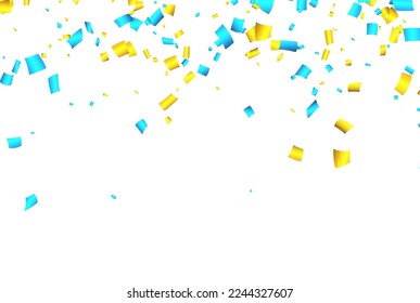 Falling blue and yellow cut out ribbon confetti background with space for text. Design element for web, cards, flyers, invitations. Vector illustration.