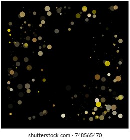 Falling Bokeh Lights Confetti Background. Vector Festive Background. Gold Glitter, New Year Christmas Celebration Garland. Retro Vintage Falling Bokeh Lights Confetti. Abstract Exclusive Luxury Frame.