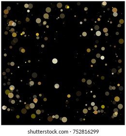 Falling Bokeh Lights Confetti Background. Vector Festive Background. Retro Vintage Falling Bokeh Lights Confetti. Gold Glitter, New Year Christmas Celebration Garland. Abstract Exclusive Luxury Frame.