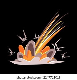 Falling bomb explosion effect with dust and gas clouds and motion trail. Vector illustration in comic cartoon design