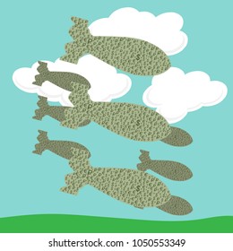 Falling bombs composed of dollar, euro and ruble currencies. Conceptual vector illustration of arms industry companies around the world profiting the most from war.