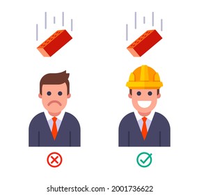 falling brick on a person with and without a helmet. safety engineering at the top. flat vector illustration