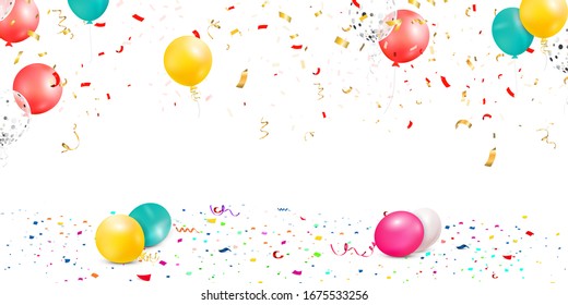 Falling bright colorful confetti, ribbon, stars celebration, serpentine isolated on white background. confetti flying on the floor with balloons. New year, birthday, valentines day design element.