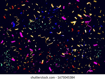 Falling bright colorful Glitter confetti, ribbon, stars celebration, serpentine isolated on black background. confetti flying on the floor. New year, birthday, valentines day vector design element.