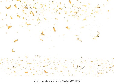 Falling bright gold Glitter confetti, ribbon, stars celebration, serpentine isolated on white background. confetti flying on the floor. New year, birthday, valentines day design element. - Shutterstock ID 1663701829