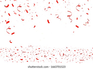 Falling bright red Glitter confetti, ribbon, stars celebration, serpentine isolated on white background. confetti flying on the floor. New year, birthday, valentines day design element.