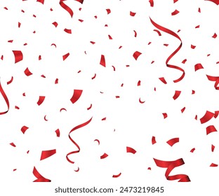 Falling bright red Glitter confetti, ribbon, stars celebration, serpentine isolated on white background. confetti flying on the floor. New year, birthday, valentines day design element.