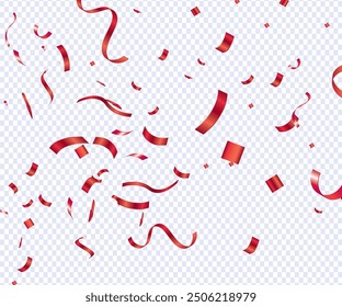 Falling bright red Glitter confetti, ribbon, stars celebration, serpentine isolated on white background. confetti flying on the floor. New year, birthday, valentines day design element.