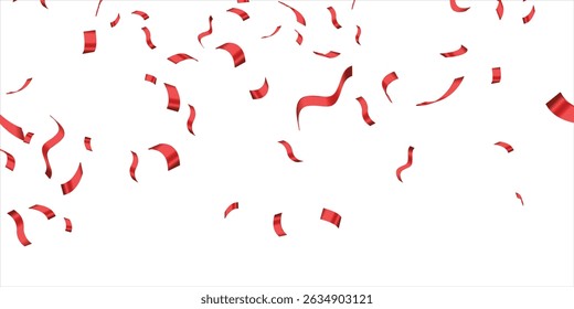 Falling bright red Glitter confetti, stars celebration, serpentine. Colorful confetti flying on the floor. Isolated Holiday background. Festive vector illustration. Celebration Event, Party.