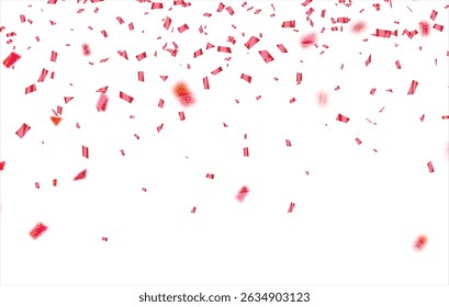 Falling bright red Glitter confetti, stars celebration, serpentine. Colorful confetti flying on the floor. Isolated Holiday background. Festive vector illustration. Celebration Event, Party.